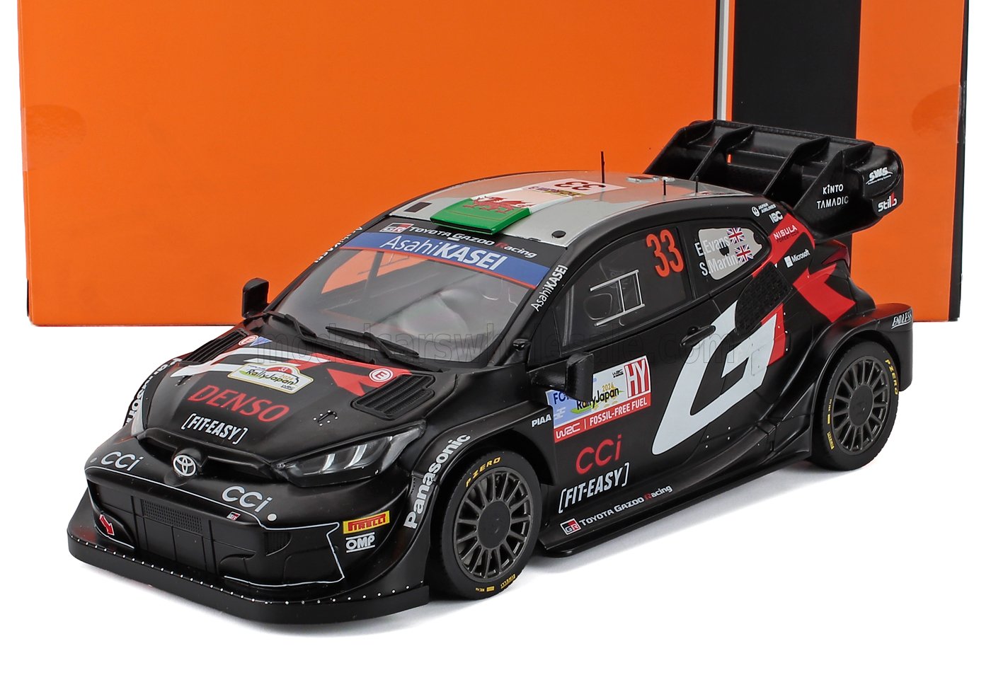 Black Toyota Gazoo Racing rally car model with number 33 and sponsor decals, available on Vroomi
