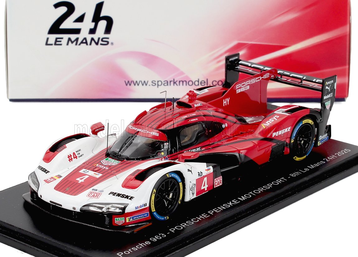 Modèle réduit de voiture de course Porsche 963 Le Mans avec livrée rouge et blanche, disponible chez Vroomi.