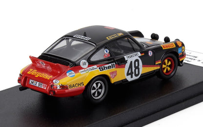 Modèle réduit de voiture de course Porsche 911 noire, rouge et jaune avec le numéro 48, autocollants de course, sur socle d'exposition, vendu sur Vroomi.