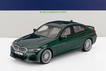 Modèle réduit BMW Alpina B3 vert avec jantes détaillées et intérieur beige, disponible chez Vroomi