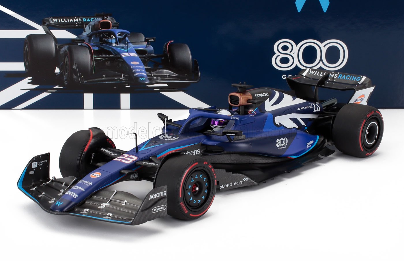 Modèle réduit Williams Racing F1 avec les numéros 23 et 800 Grand Prix, présenté sur Vroomi.