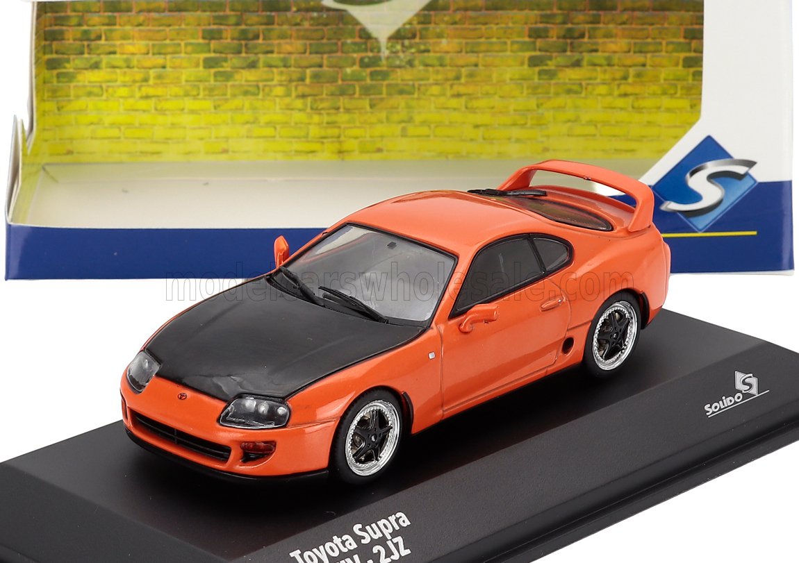 1:18 scale model Toyota Supra orange with black hood die-cast car, available now online