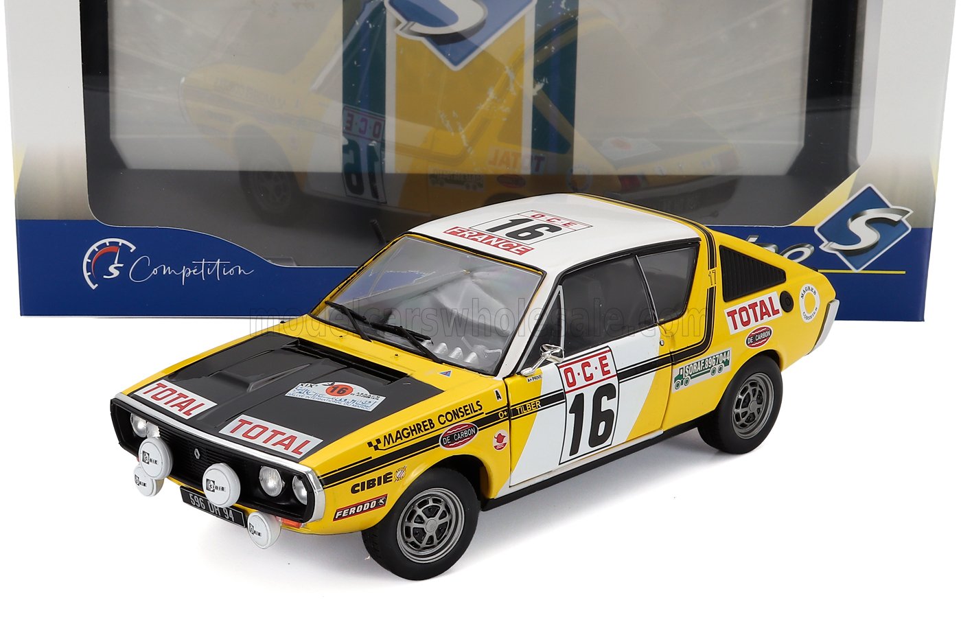 Die-cast 1:18 scale yellow and black rally car model, available for collectors on Vroomi.