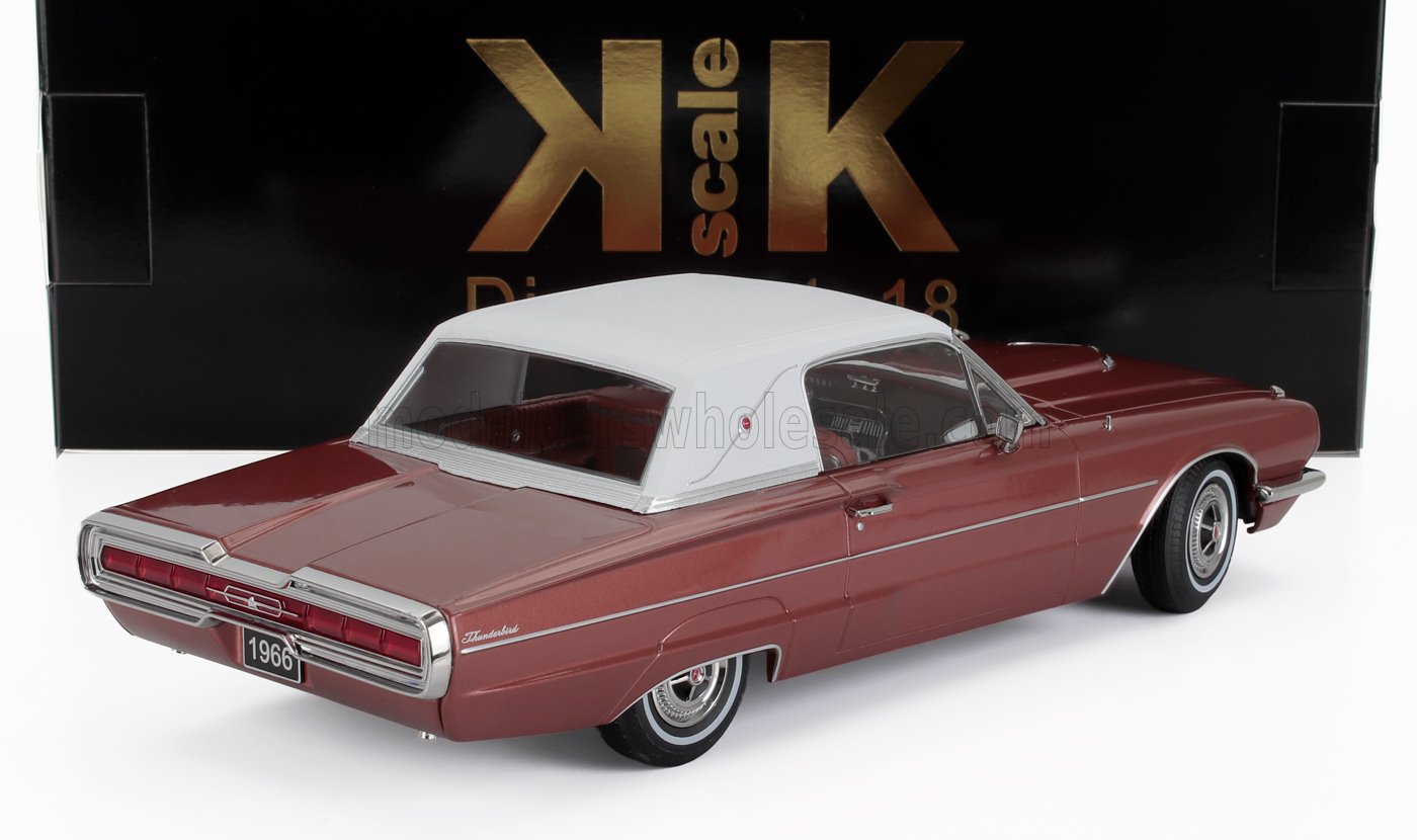 Modèle réduit Ford Thunderbird 1966 rouge avec toit blanc, réplique détaillée disponible chez Vroomi
