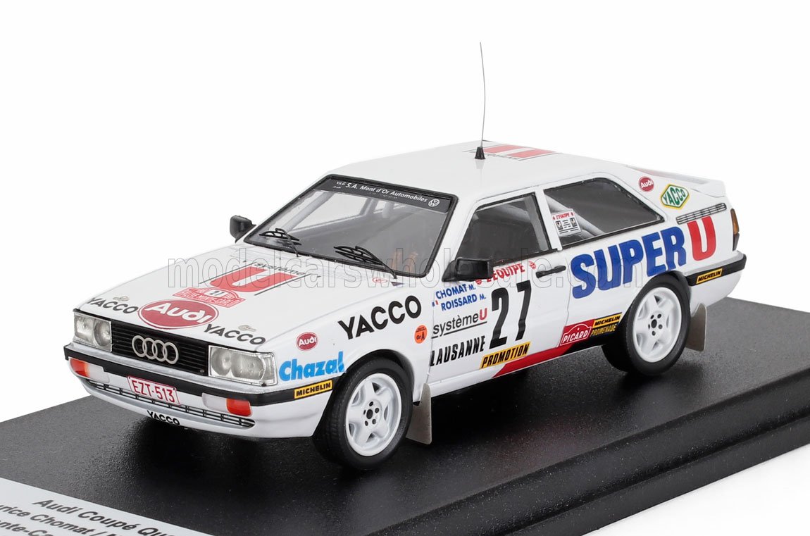 Modèle réduit de voiture de course Audi Coupé Quattro blanche avec le logo Super U, numéro 27, disponible via Vroomi.