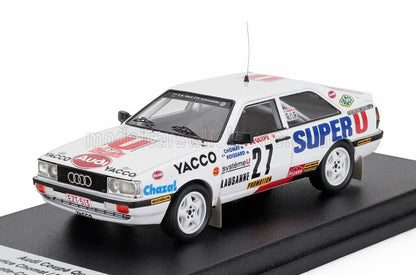 Modèle réduit de voiture de course Audi Coupé Quattro blanche avec le logo Super U, numéro 27, disponible via Vroomi.