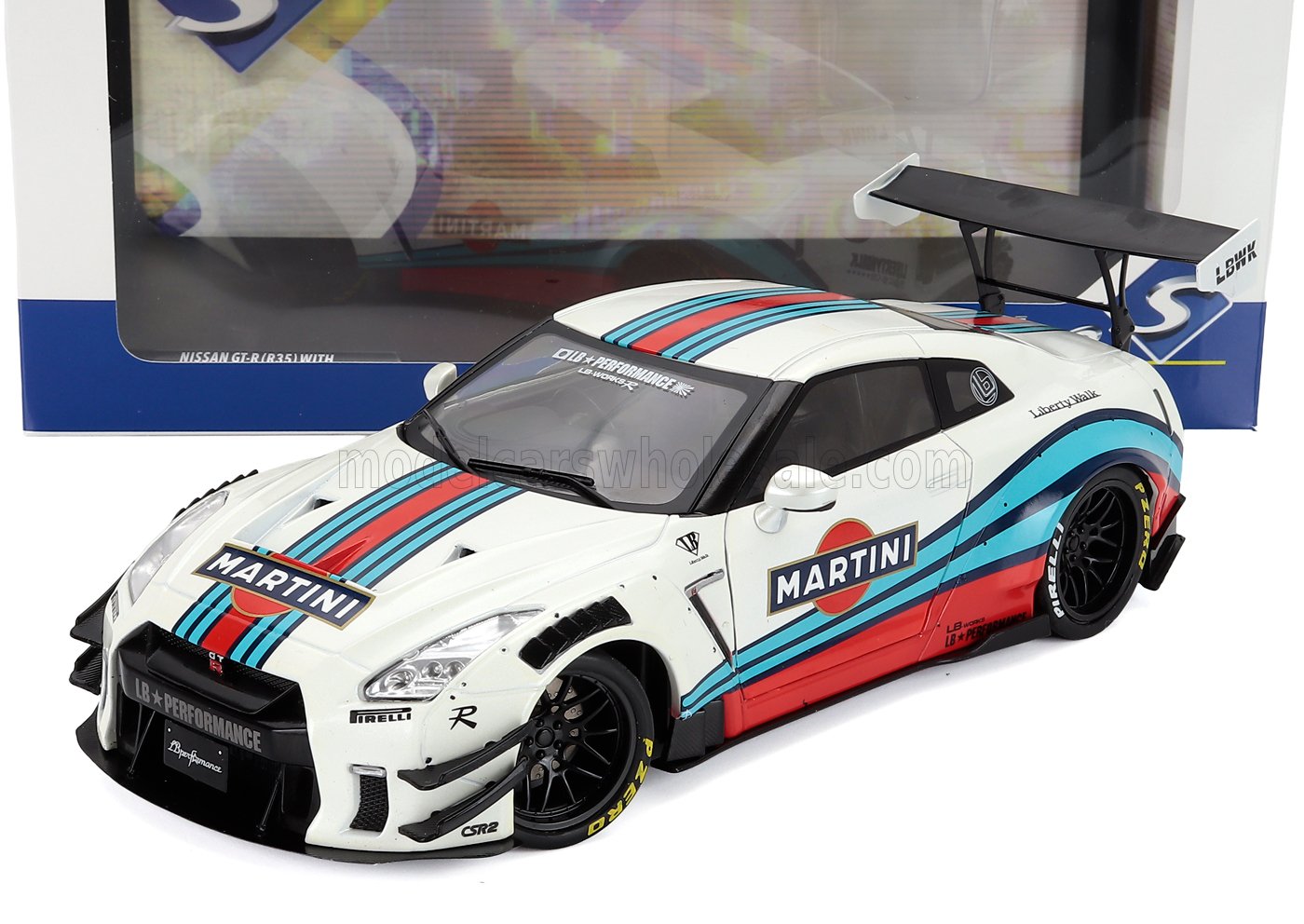 1:18 scale Nissan GT-R die-cast model with Martini livery, large spoiler, available online