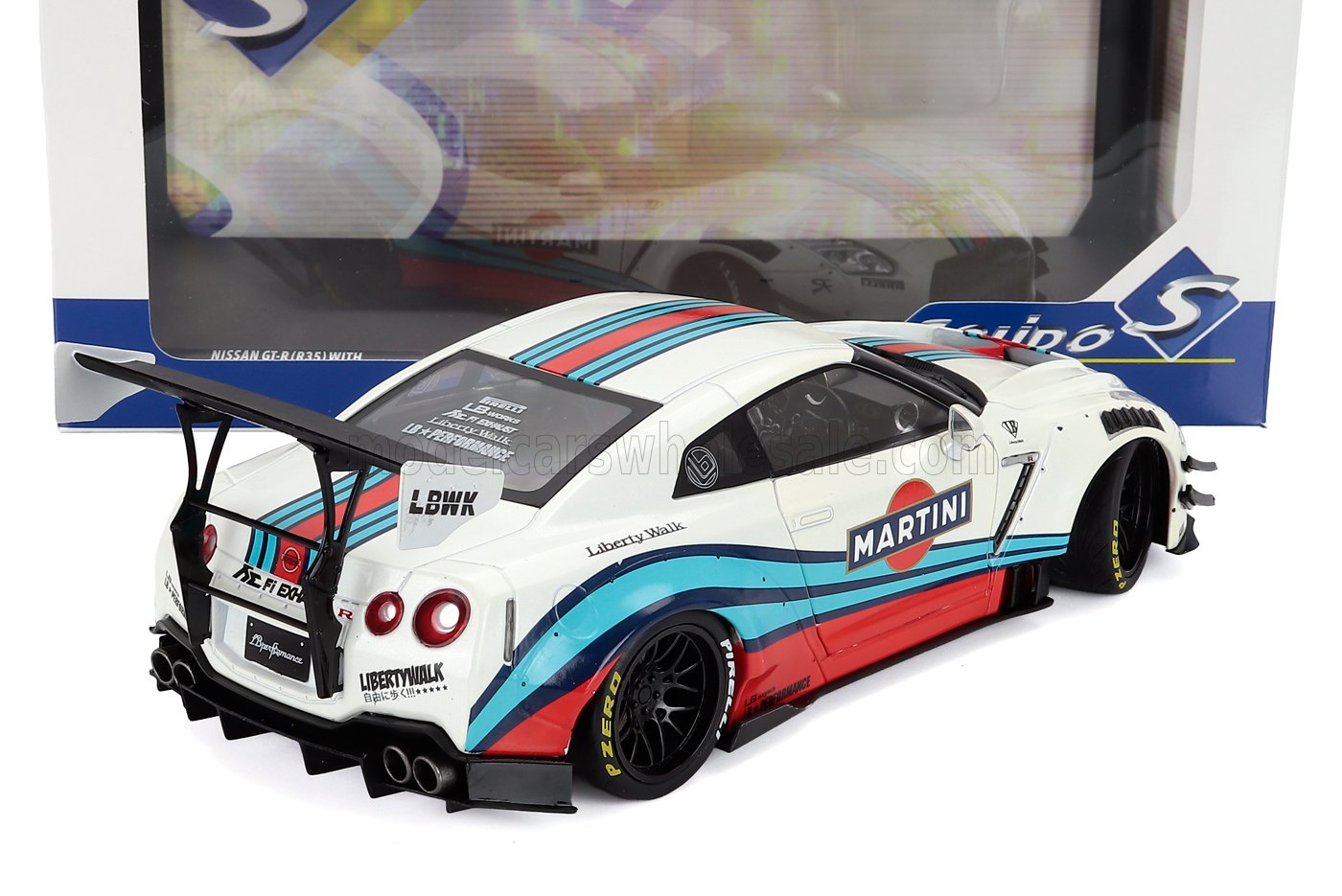 1:18 scale Nissan GT-R Liberty Walk diecast model car with Martini livery, currently in stock online.
