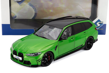 Green 1/18 scale model BMW wagon with black roof, collectible car replica available online