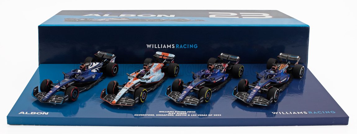 Modèles réduits de la voiture de Formule 1 Williams Racing FW45 2023 en bleu et orange, avec Alex Albon, présentés sur un socle d'exposition avec un emballage réplique, disponibles sur Vroomi.