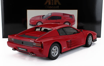 Modèle réduit de voiture Ferrari Testarossa rouge présenté avec son emballage, disponible sur la plateforme Vroomi.