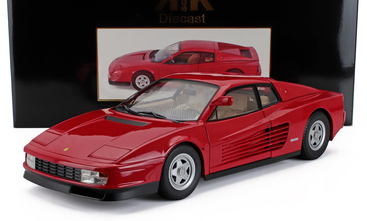Modèle réduit de voiture Ferrari Testarossa rouge avec roues et intérieur détaillés, disponible sur la place de marché Vroomi.
