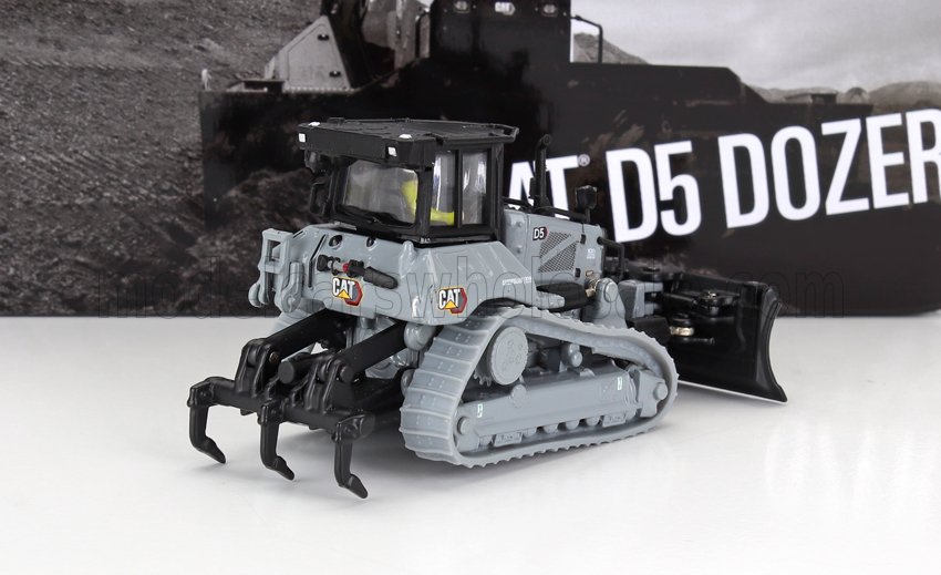 Modèle réduit de bulldozer CAT D5 gris avec ripper noir, présenté sur une surface blanche, disponible sur Vroomi.
