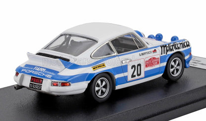 Scale model of blue and white Porsche 911 race car number 20 on display stand, featured on Vroomi
