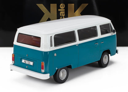 Maquette de fourgon VW T2b bleu et blanc avec vitres et phares détaillés, disponible chez Vroomi.