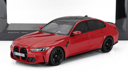 Modèle réduit de voiture BMW M3 2024 rouge à l'échelle 1/18 avec roues noires, disponible dès maintenant chez Vroomi.