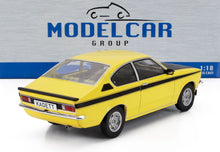 Modèle réduit Opel Kadett jaune avec bande noire, réplique moulée sous pression à l'échelle 1:18 disponible sur Vroomi
