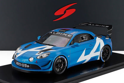 Blue Alpine A110 GT+ race car model with white decals and black spoiler, available on Vroomi