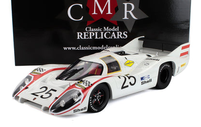 Modèle réduit de voiture de course Porsche 917 blanche avec le numéro 25 et les logos Shell, présenté dans sa boîte Classic Model Replicars, proposé sur Vroomi.