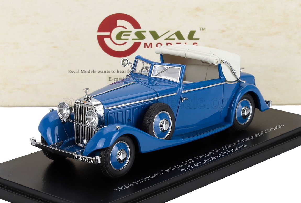 Modèle Hispano Suiza J12 Drophead Coupé trois positions bleu de 1934 par Esval, présenté sur Vroomi