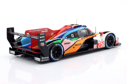 Colorful Porsche 963 hybrid race car model with sponsor logos, available on Vroomi