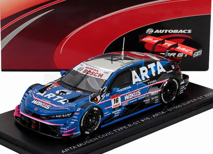 Modèle réduit ARTA Mugen Civic Type R GT n° 16 à l'échelle 1/43, avec livrée bleue et rose, disponible chez Vroomi.