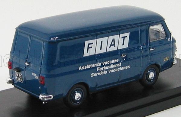 Modèle réduit vintage bleu foncé d'une camionnette Fiat avec inscription « assistance vacances », présenté sur la plateforme Vroomi.