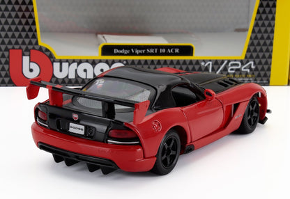 Modèle réduit de voiture Dodge Viper SRT 10 ACR rouge et noir à l'échelle 1/24 présenté dans son emballage de marque disponible sur Vroomi.