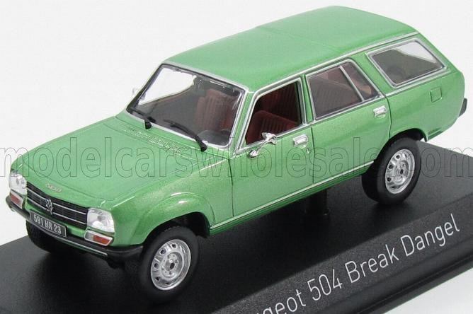 Modèle réduit vert Peugeot 504 Break Dangel break présenté sur un socle noir, disponible sur Vroomi