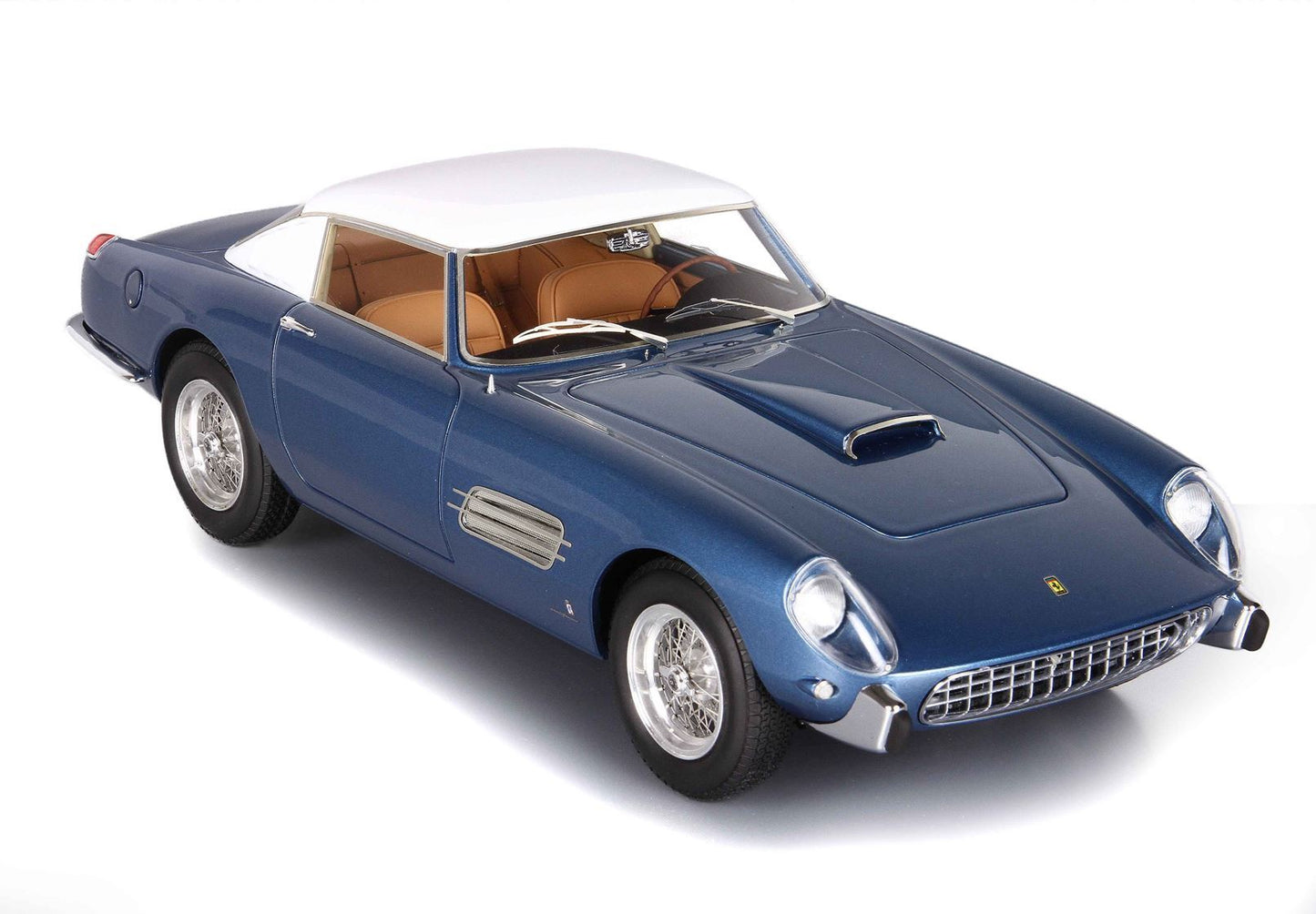 Blue classic Ferrari with white roof and tan interior, detailed model car now offered on Vroomi
