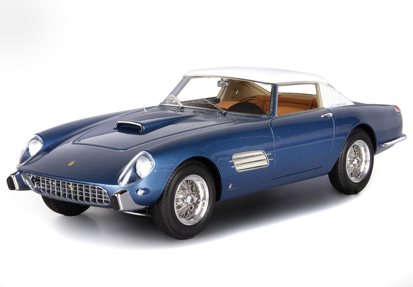 Blue vintage Ferrari coupe with white roof and tan interior, classic sports car now accessible on Vroomi