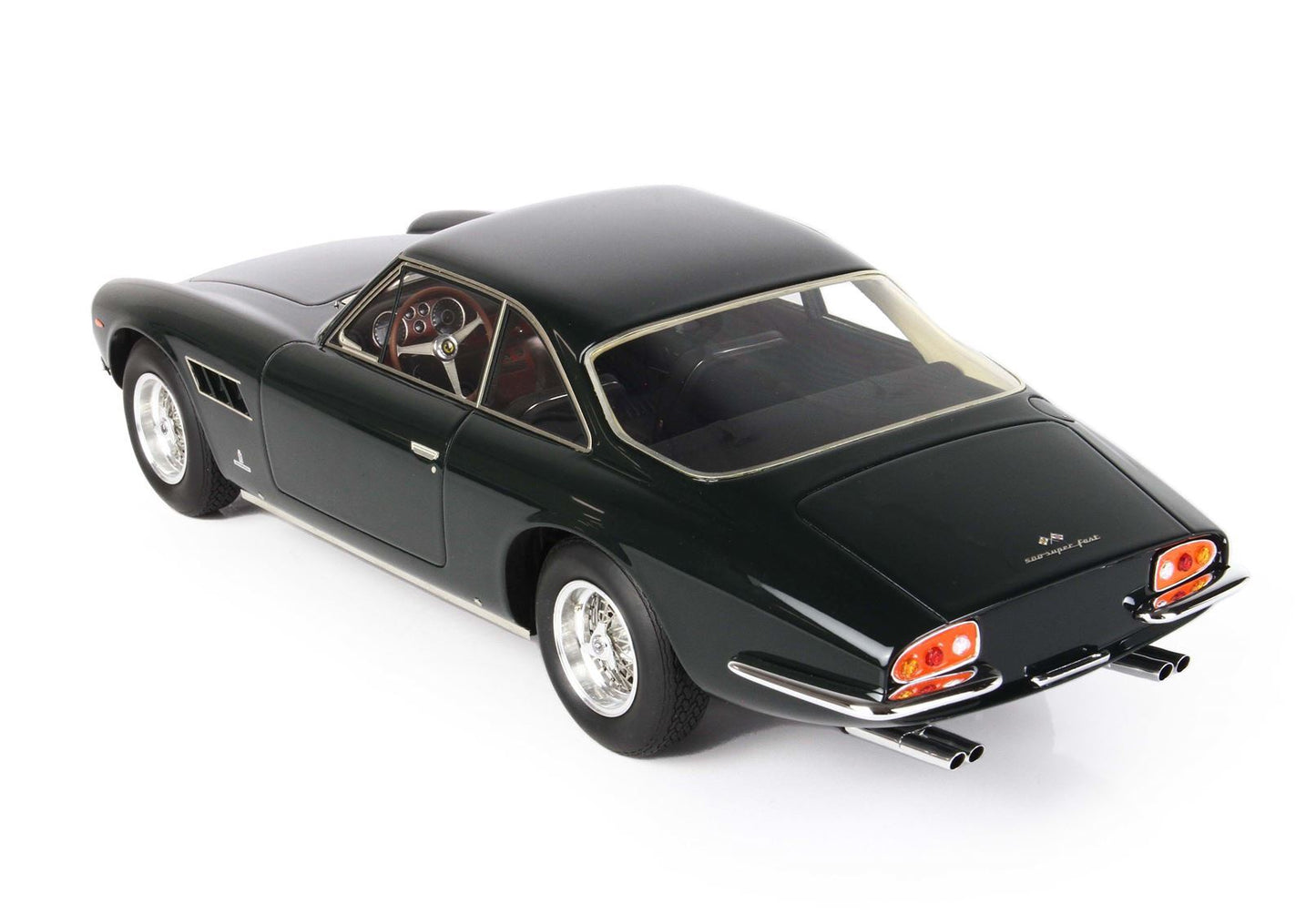 Dark green classic Ferrari 330 GTC model car with chrome details available via Vroomi