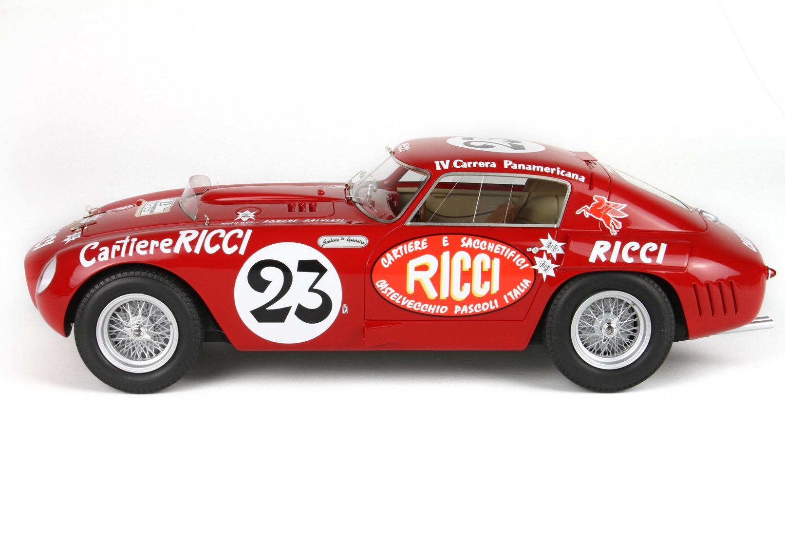Red vintage race car number 23 with Ricci sponsor decals, classic wire wheels, available on Vroomi