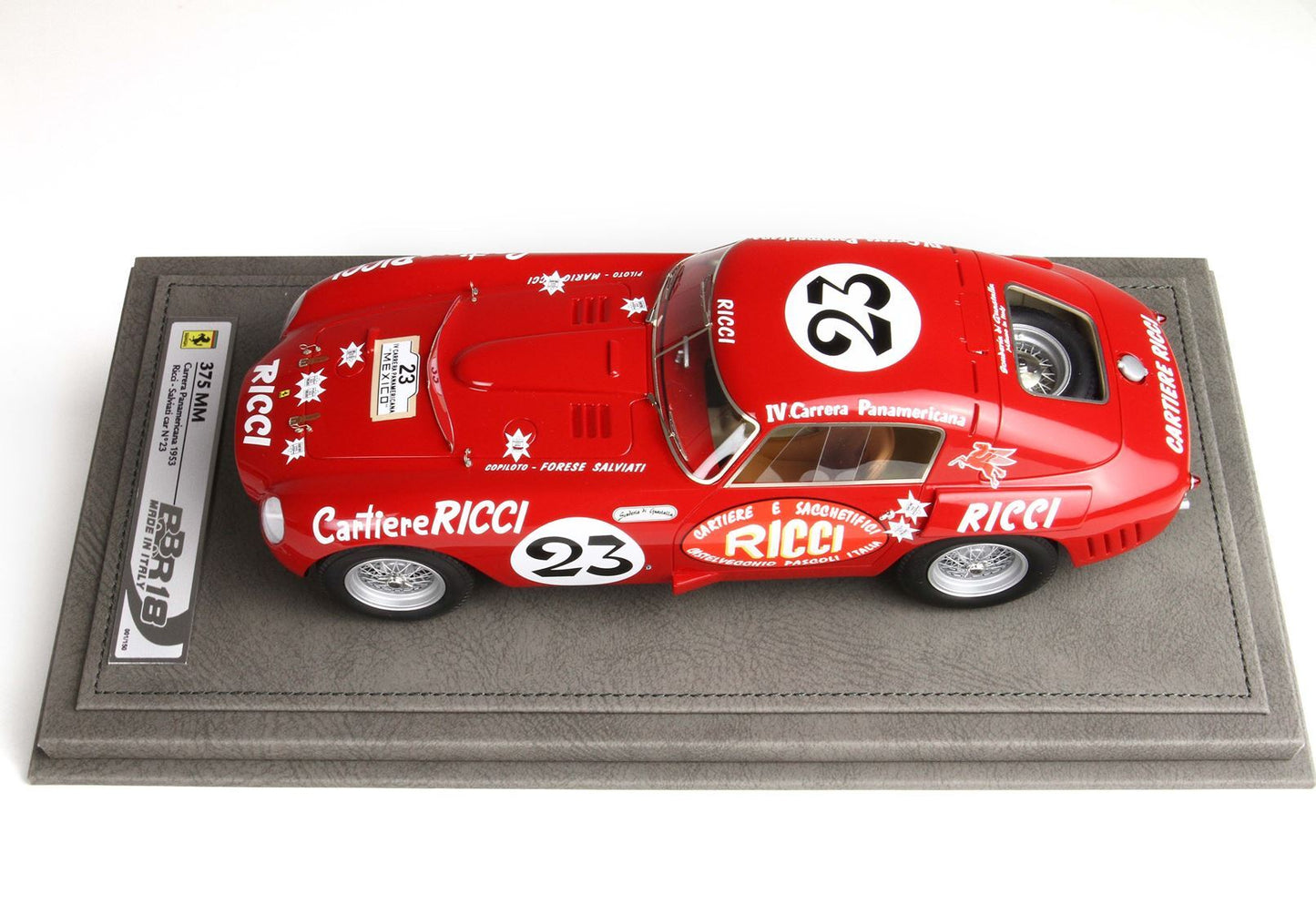 Red Ferrari 375 MM model race car with number 23 on gray display base, available on Vroomi