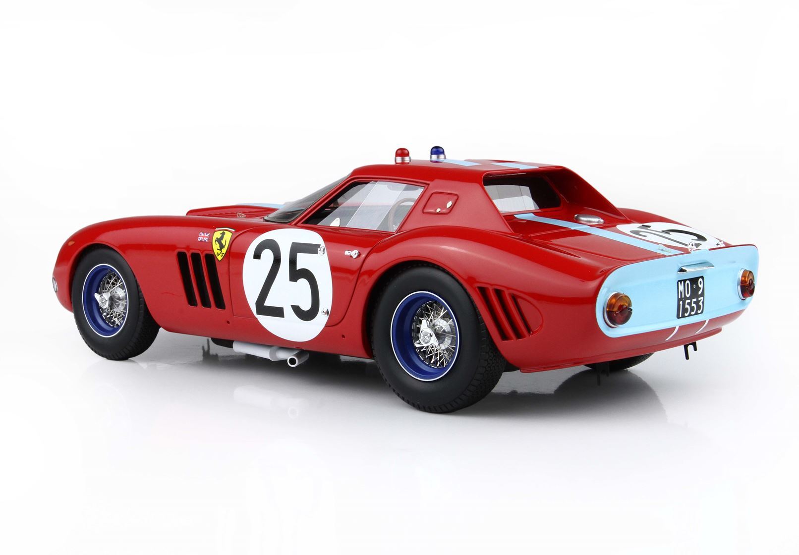 Red vintage Ferrari race car with number 25, blue accents, and wire-spoke wheels available on Vroomi