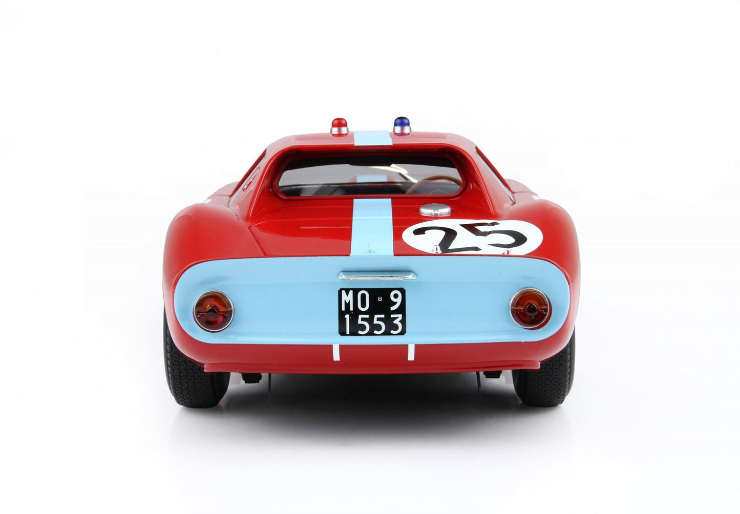 Rear view of red vintage race car with light blue stripe, number 25, and classic license plate available on Vroomi