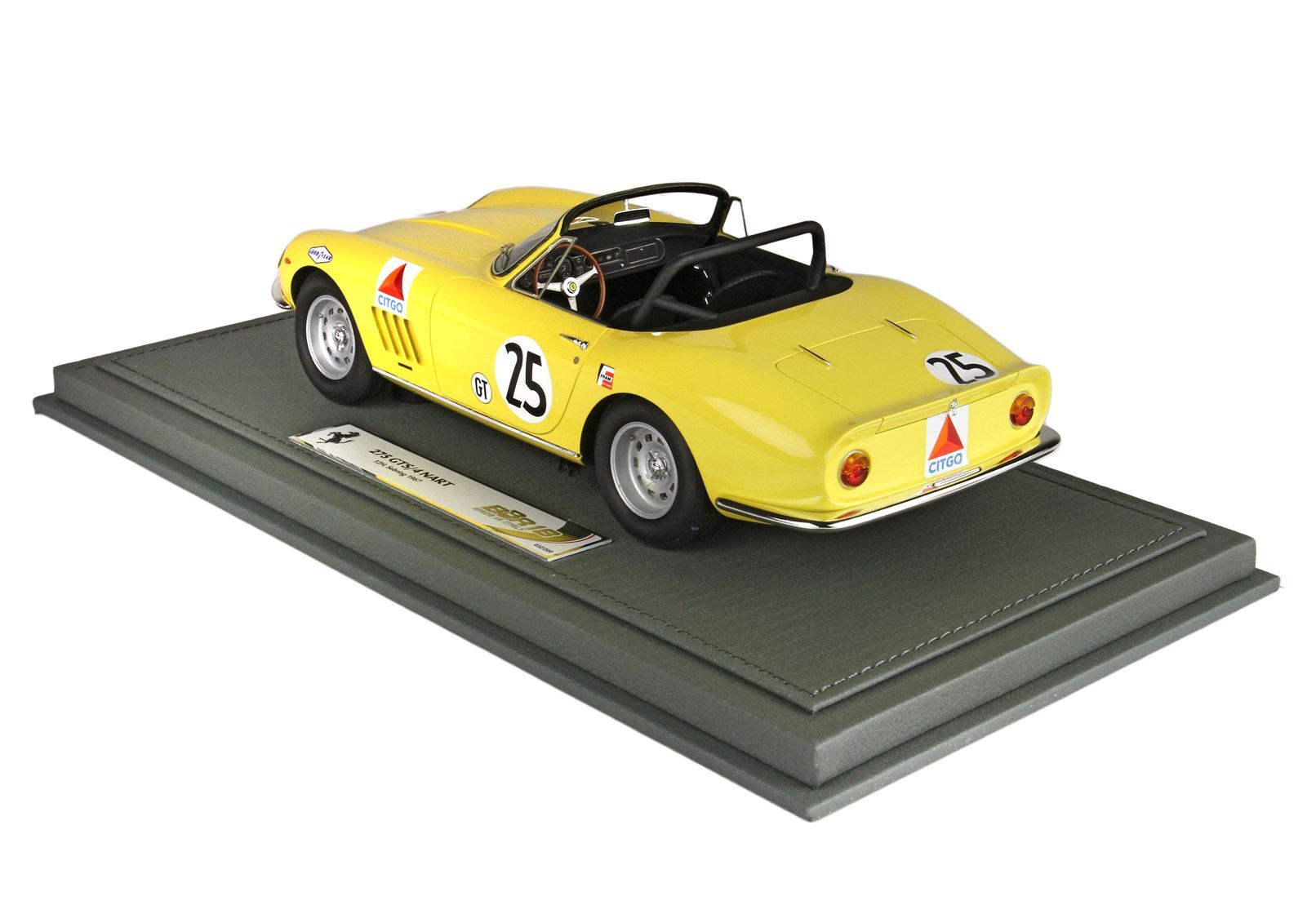 Yellow Ferrari 275 GTB 4 NART model car with number 25 on display base, offered via Vroomi