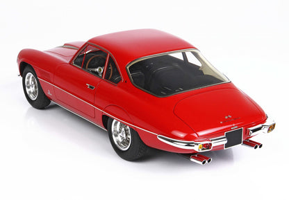 Red vintage sports car model with chrome details and dual exhausts available on Vroomi platform