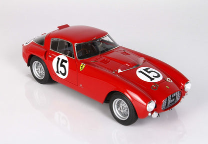 Red vintage Ferrari race car with number 15 decals, wire wheels, and available on Vroomi platform