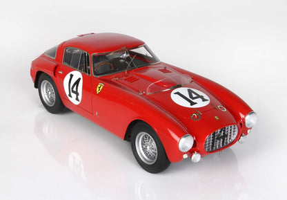 Red vintage Ferrari race car with number 14 decals, classic wire wheels, detailed interior, offered via Vroomi