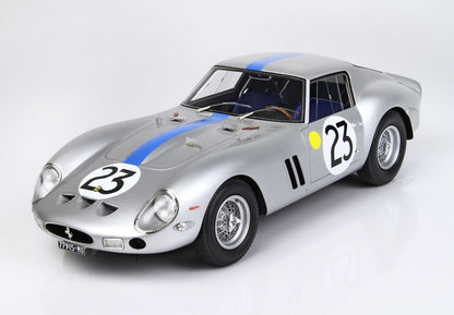 Silver vintage race car with blue stripe and number 23, classic Ferrari style, available on Vroomi