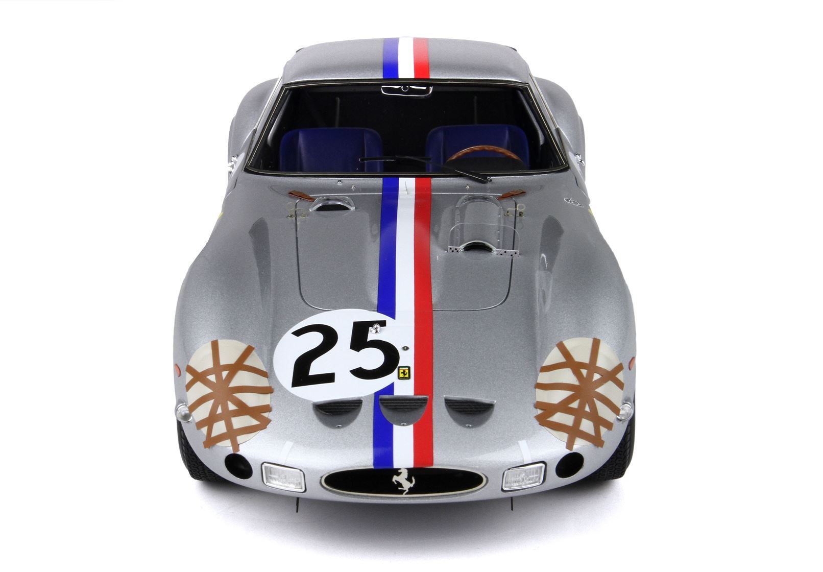 Silver vintage Ferrari race car with number 25, red and blue racing stripes, available on Vroomi