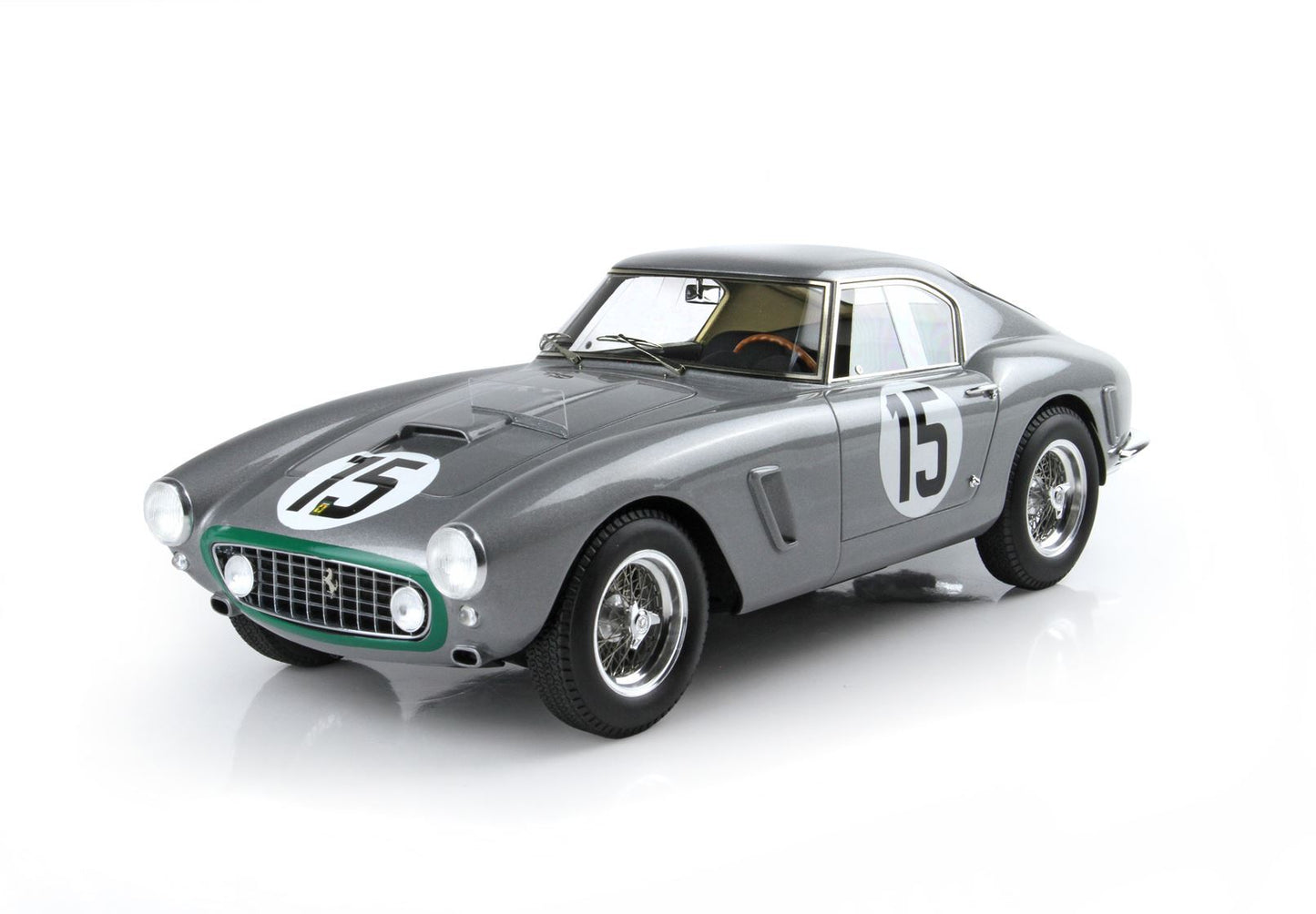 Classic grey Ferrari 250 GT racing car with number 15, chrome rims, and wooden steering wheel, available on Vroomi