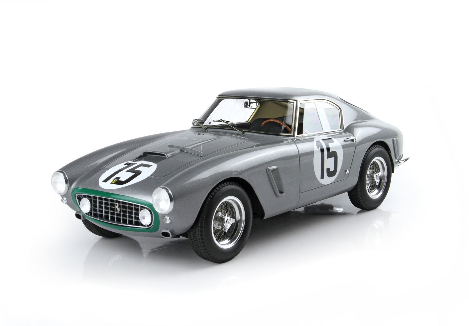 Classic grey Ferrari 250 GT racing car with number 15, chrome rims, and wooden steering wheel, available on Vroomi