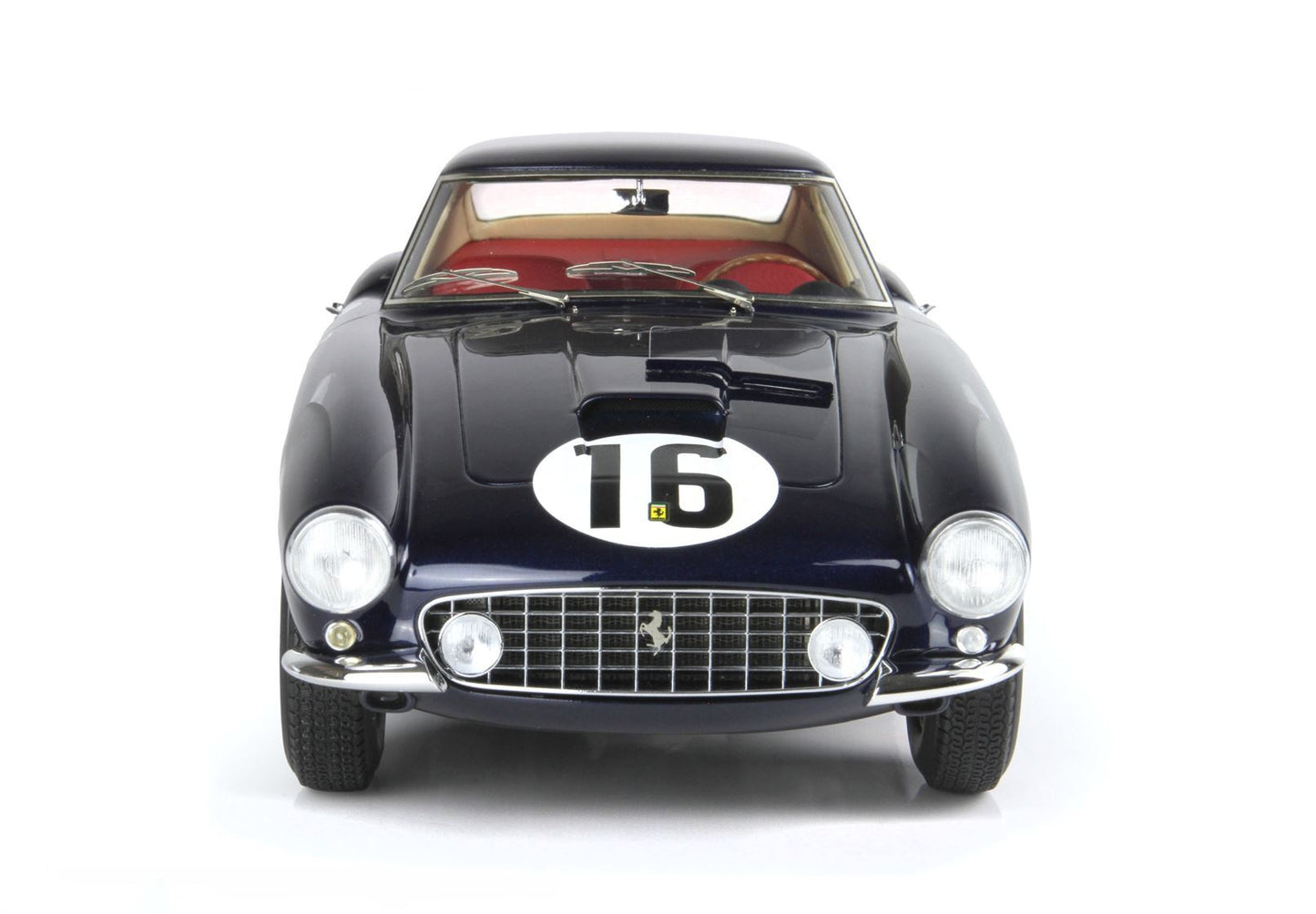Front view of a dark blue vintage Ferrari race car with number 16, red interior, available through Vroomi