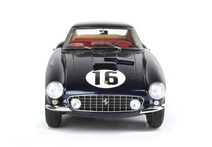 Front view of a dark blue vintage Ferrari race car with number 16, red interior, available through Vroomi