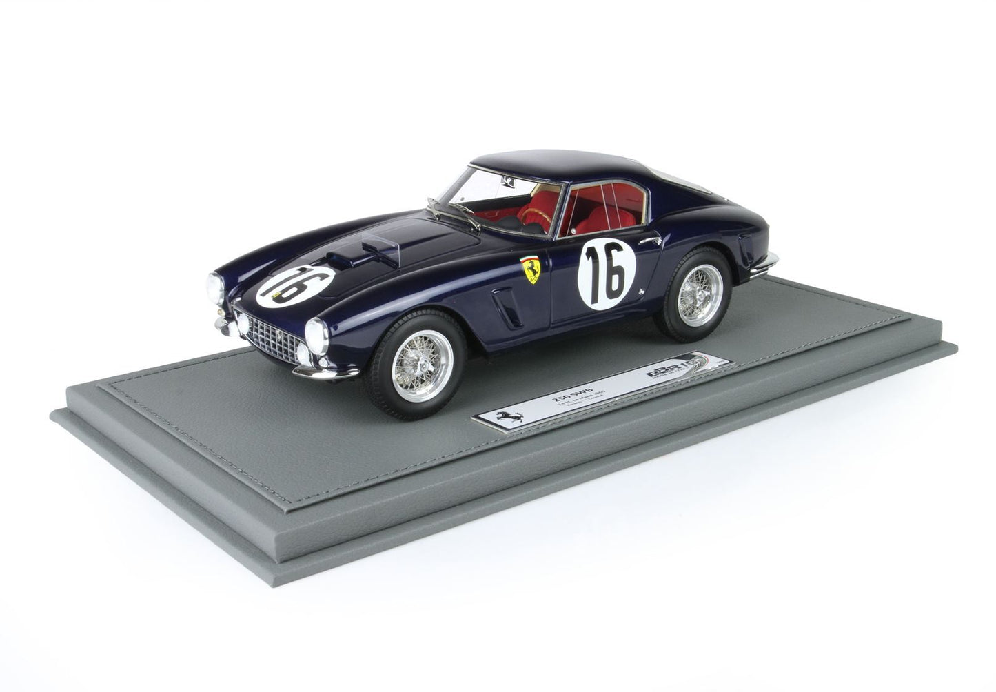Detailed scale model of dark blue Ferrari 250 SWB race car with number 16, displayed on gray base, available on Vroomi