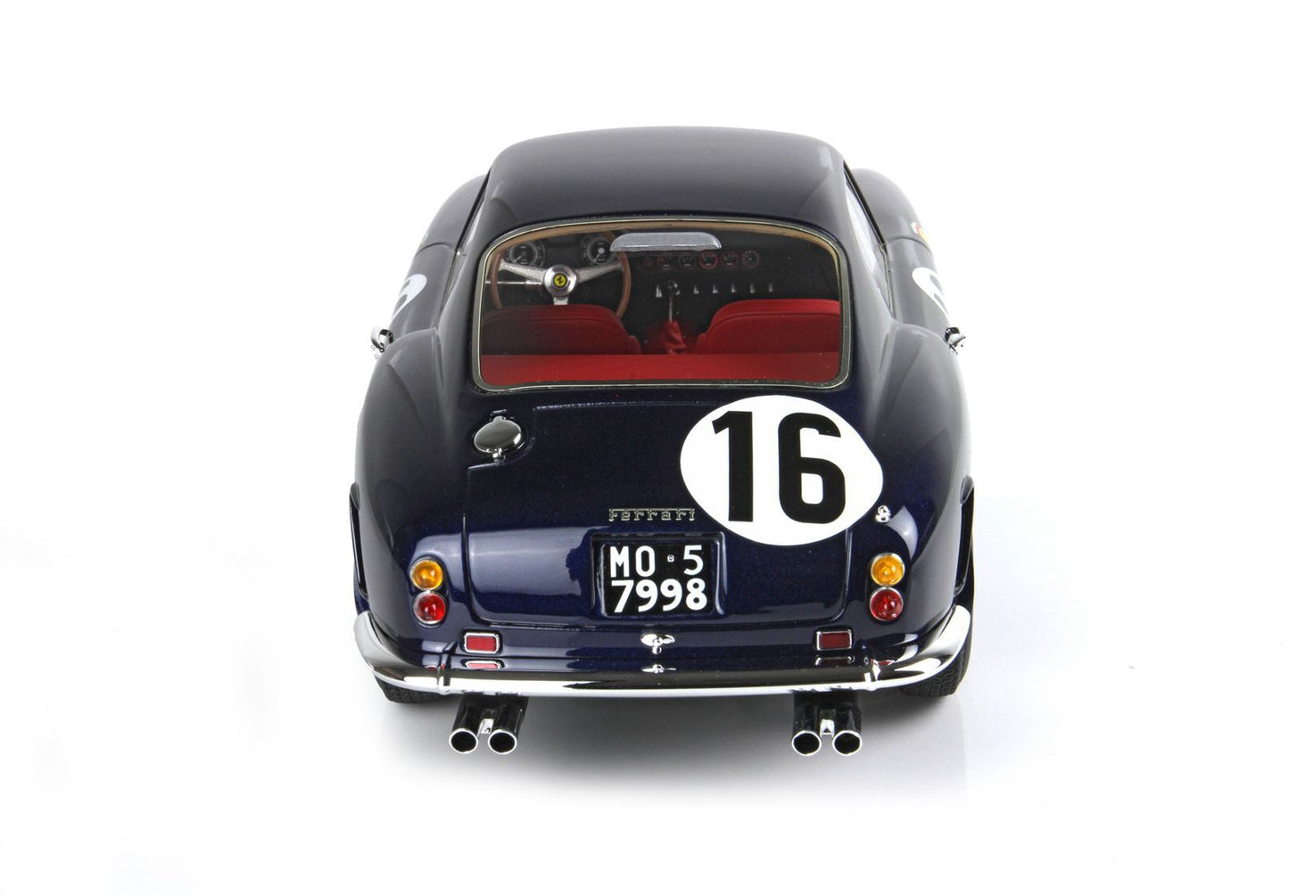 Rear view of dark blue vintage Ferrari race car with number 16 and red interior, available on Vroomi