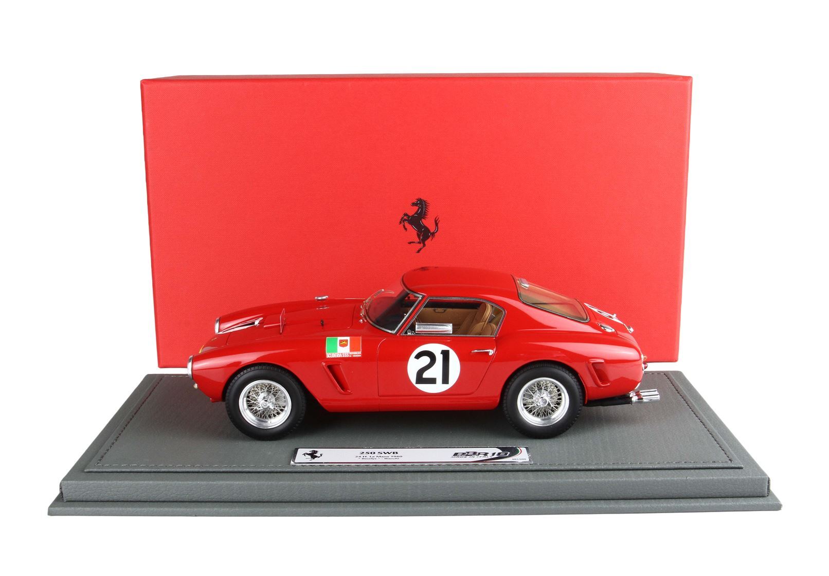 Red Ferrari 250 SWB scale model with number 21 on grey base and red Ferrari box, available on Vroomi