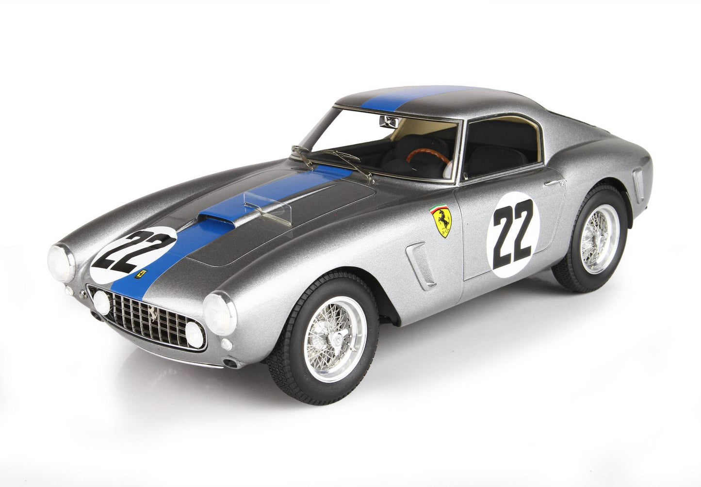 Silver classic Ferrari race car model with blue stripe and number 22, available through Vroomi